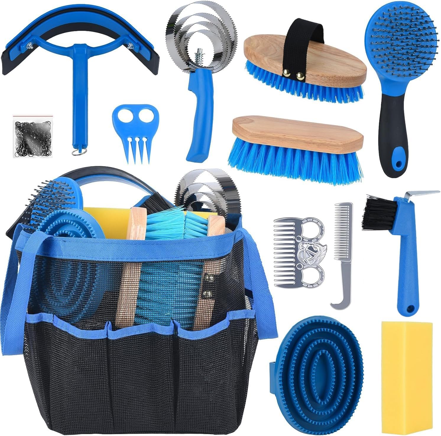 TERPUP 13 Piece Horse Grooming Kit, Horse Brushes for Grooming Supplies with Portable Bag, Horse Brush Set & Curry Comb for Effective Bathing and Massaging, Gift for Horses Riders Beginners (Blue)